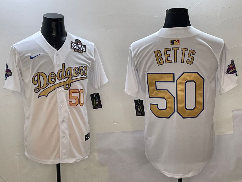 Men Los Angeles Dodgers #50 Betts White Champion gold character 2025 Nike MLB Jersey style 3->los angeles dodgers->MLB Jersey